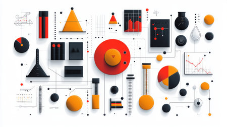 Explore this abstract vector graphic design featuring geometric shapes and charts in vibrant colors. Ideal for technology and creative projects.の写真素材