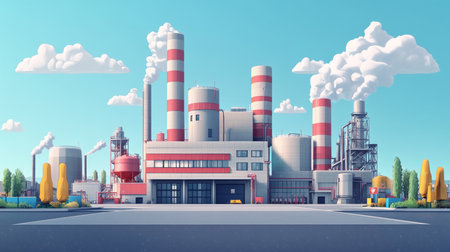 Illustration of a modern industrial facility set against a clear sky. Features distinct red and white chimneys, smokestacks, and surrounding trees, emphasizing design and technology.の写真素材