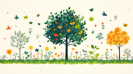 Bright and vibrant vector illustration showcasing a colorful landscape with trees, flowers, and butterflies. Perfect for nature-themed projects.の写真素材