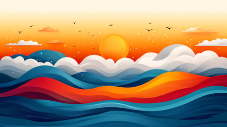 This vibrant vector illustration features a stunning sunset over abstract waves and clouds, creating a serene and colorful scene perfect for design purposes.の写真素材