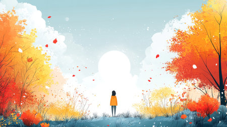 This vibrant autumn landscape features colorful trees and a person gazing at a bright sky, creating a serene and tranquil atmosphere perfect for nature lovers.の写真素材