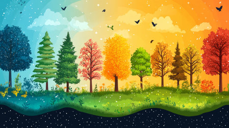 Explore this vibrant vector illustration showcasing seasonal trees in a colorful landscape, perfect for nature-themed designs. Ideal for artworks, printables, or digital projects.の写真素材