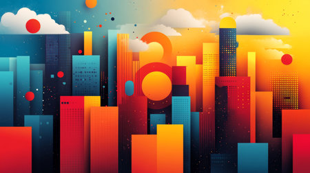 This vibrant cityscape illustration features a striking blend of colors and geometric shapes. The modern design captures the essence of urban life with a dynamic feel.の写真素材