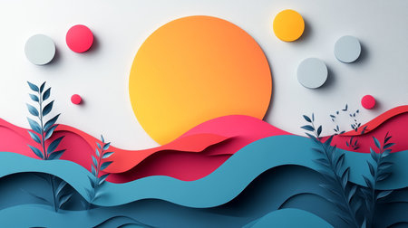 Explore this colorful abstract landscape featuring a vibrant sun, soft waves, and delicate foliage. Ideal for nature-themed design projects or backgrounds.の写真素材