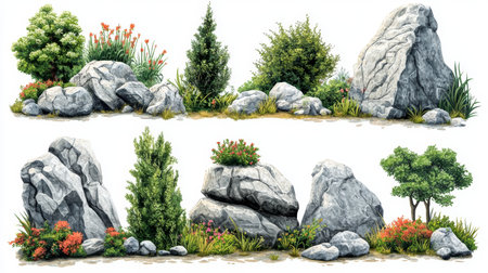 Explore a detailed vector illustration featuring various rocks and plants, perfect for enhancing landscape designs, nature-themed projects, or artistic presentations.の写真素材