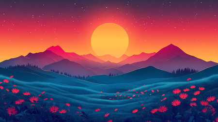 This vibrant digital illustration features a stunning sunset over mountains, with red flowers in the foreground, showcasing a serene and colorful landscape.の写真素材