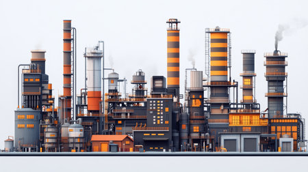 Explore this vibrant industrial flat design vector illustration showcasing a bustling factory landscape with detailed structures, machinery, and smoke, capturing the essence of modern manufacturing.の写真素材