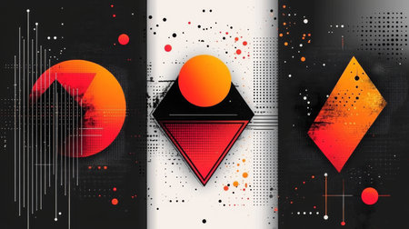 Explore a striking modern abstract design featuring geometric shapes in vivid colors. This vector illustration combines circles, triangles, and diamonds with dynamic textures and patterns.の写真素材