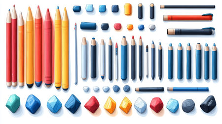 Explore a vibrant collection of artistic resources featuring pencils, pens, and colorful tools. Perfect for design projects or educational materials.の写真素材