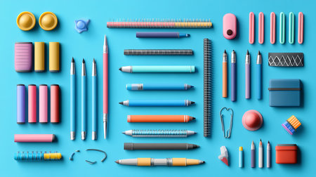 Discover a vibrant flat lay composition of colorful stationery and office supplies on a bright blue background, perfect for design purposes.の写真素材