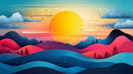 A stunning vector illustration depicting a vibrant landscape at sunset, featuring colorful mountains, soft clouds, and a bright sun, perfect for serene backgrounds.の写真素材