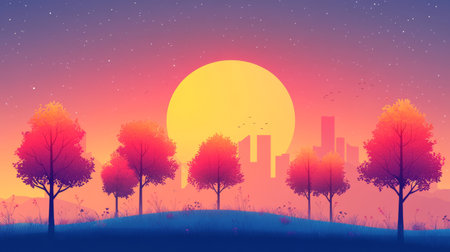 This vibrant illustration features a stunning sunset over a city skyline, enhanced by stylized trees and a flat landscape design, creating a serene atmosphere.の写真素材
