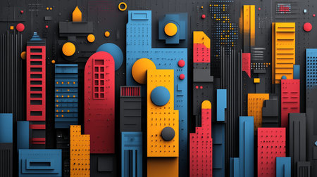 Vibrant vector illustration featuring a modern cityscape with geometric shapes and bold colors. Perfect for design projects and digital art applications.の写真素材