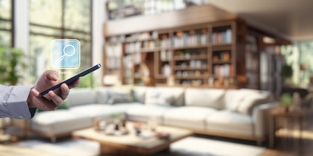 A person uses a mobile phone in a stylish living room, illustrating the concept of searching for information online via a searching icon. The scene combines technology with modern interior design.の写真素材