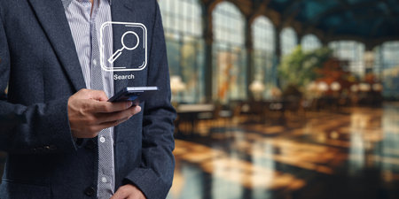 A person in smart casual attire uses a smartphone to search for information online. The scene highlights a modern indoor environment, emphasizing the use of technology for discovery.の写真素材