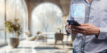 A person uses a smartphone to search for information in a modern office space, highlighting the intersection of technology and daily life with digital research.の写真素材