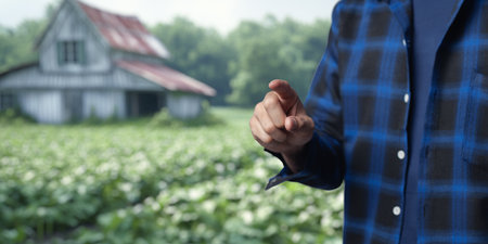 A person in a blue plaid shirt points toward the expansive fields of crops, with a quaint farmhouse nestled in the background, showcasing rural life.の写真素材