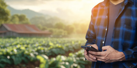 A young man stands in a lush agricultural field, using his smartphone to capture the integration of technology in modern farming practices under the warm sunrise.の写真素材
