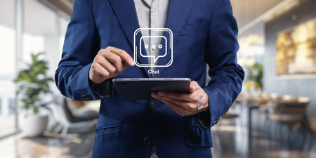 A business professional interacts with a chat icon on a tablet, showcasing modern communication methods in a collaborative workspace.の写真素材