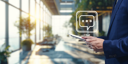 This image showcases a chat icon symbolizing business collaboration in a modern workspace, emphasizing digital communication between partners and customers.の写真素材
