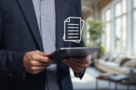 A businessman reviews a document on a tablet in a contemporary office setting, embodying modern work culture and productivity.の写真素材