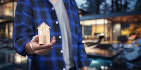 A person holds a model home symbolizing the concept of buying and selling houses. This image captures the essence of real estate transactions in a modern environment.の写真素材