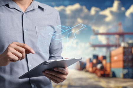 A professional uses a tablet to engage in global trading and logistics. The image highlights modern technology's role in efficient supply chain management.の写真素材