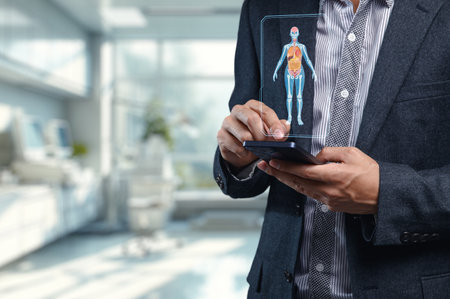 Explore the intersection of digital technology and physical health in organ care. This image showcases a professional engaging with a 3D human anatomy model for enhanced medical understanding.の写真素材