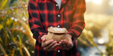 A farmer holds a burlap bag filled with rice, symbolizing agricultural growth and trade. The image captures the essence of rural farming and local markets.の写真素材