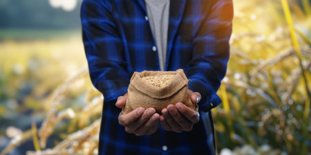 A man stands in a vibrant rice field at sunrise, holding a burlap sack of rice, symbolizing agricultural dedication and trade in rice production.の写真素材