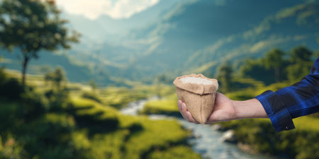 A farmer presenting a bundle of rice in a serene agricultural landscape, highlighting the connection between nature, trade, and sustainable farming practices.の写真素材