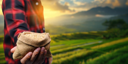 A farmer presents a sack of rice in a lush, sunlit rice field. The image captures the essence of agriculture, growth, and the rural economy, highlighting the beauty of nature.の写真素材