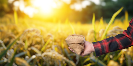 A farmer holds a burlap sack of rice in a vibrant golden field during sunset, symbolizing agricultural growth and rural business opportunities in the rice trade.の写真素材