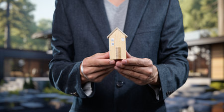 A professional person presents a small model house, symbolizing real estate sales and home investment. The stylish outdoor setting adds elegance to the concept.の写真素材