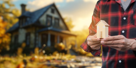 The image showcases the concept of buying and selling residential rental houses, with a person holding a model house against an autumn backdrop, symbolizing investment and real estate decisions.の写真素材