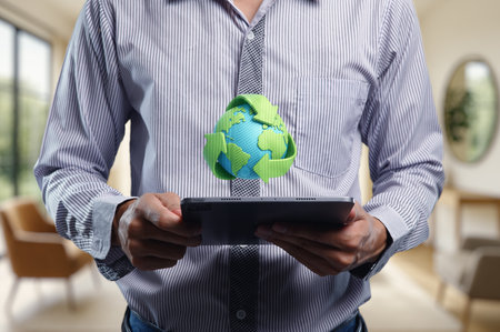 A person in a modern indoor setting holds a tablet displaying a green earth projection, symbolizing technology and environmental sustainability.の写真素材