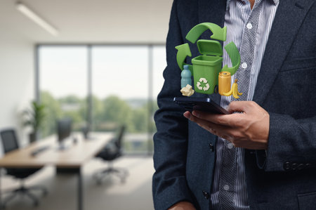A businessman stands in a modern office, holding a smartphone with a recycling graphic. This image illustrates the importance of eco-friendly practices in contemporary workplaces.の写真素材