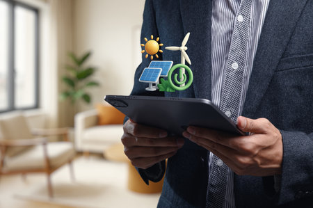 Businessman interacts with tablet displaying renewable energy icons, symbolizing innovation in sustainability and technology for a cleaner future.の写真素材