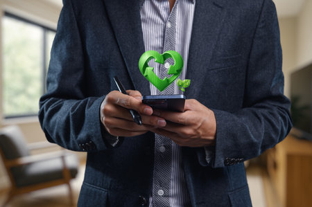 Professional businessman engages with sustainability concepts using smartphone, showcasing a green heart and plant symbol. Focus on eco-friendly innovations.の写真素材