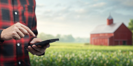 A farmer uses a smartphone to manage agricultural produce in a rural landscape, showcasing the integration of technology in modern farming practices.の写真素材