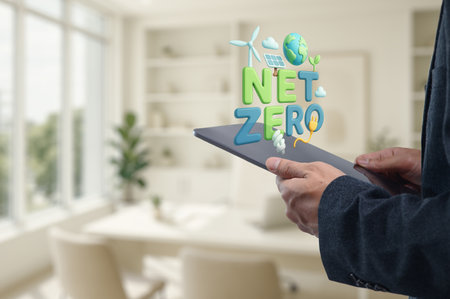 Illustration of a person holding a tablet showing net zero concept with sustainability elements, symbolizing eco-friendly solutions in a modern workspace.の写真素材