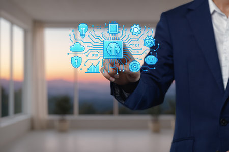 A businessman engages with virtual technology and data visualization in a modern office setting, showcasing innovation and intelligence in a bright environment.の写真素材