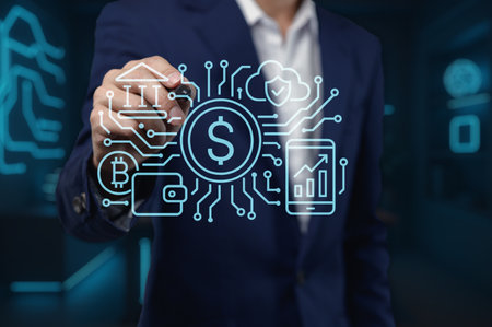 Explore a modern representation of finance showcasing digital currency and technology. This image highlights the synergy between traditional banking and innovative financial solutions.の写真素材