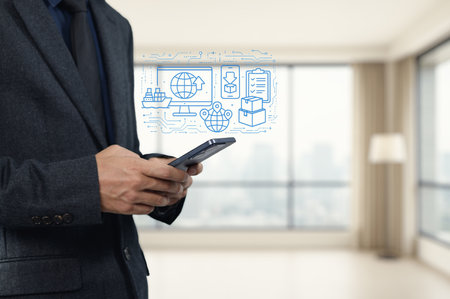 A business professional uses a smartphone in a modern office environment, representing concepts of export and technology. The digital overlay suggests global connections.の写真素材