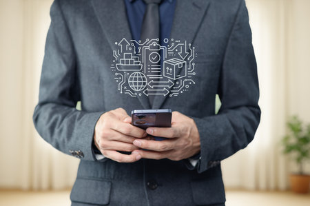A businessman in a suit engages with his smartphone, surrounded by digital export graphics. This image symbolizes modern business strategies and global commerce.の写真素材