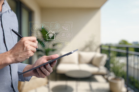 A person interacts with a smart home interface on a tablet, showcasing modern technology in an inviting living space, blending digital convenience with comfort.の写真素材