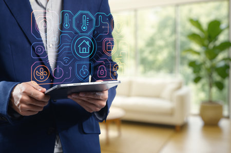 A modern interior featuring a man using a tablet to control a smart home interface. The image showcases technology integration, emphasizing user-friendly design and automation.の写真素材