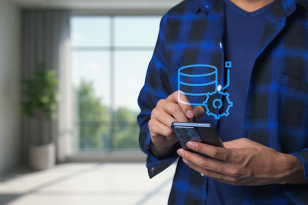 A person interacts with a smartphone, showcasing data management concepts. The image features visual graphics symbolizing technology and analytics in a modern environment.の写真素材