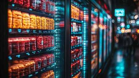 Experience a breathtaking futuristic shopping scene filled with vibrant products illuminated by neon lights, showcasing a blend of innovation and modernity in retail design.の素材