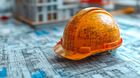 Close-up of a construction helmet resting on detailed blueprints, showcasing engineering designs. Ideal for themes of safety, planning, and construction projects.の素材